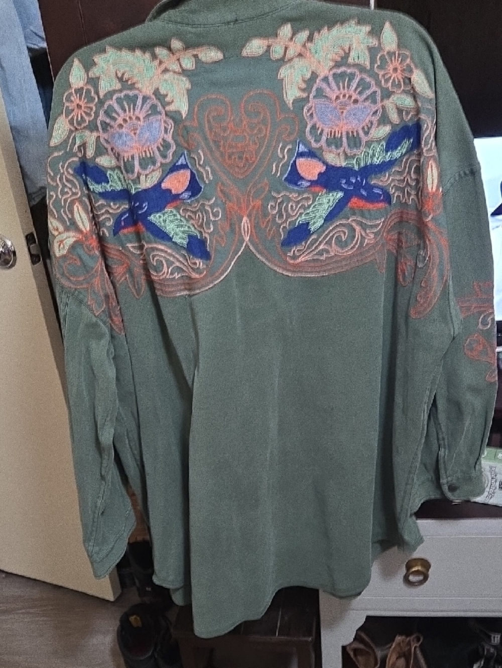 We The Free Olive Green Button-Up Shirt with Multicolor Embroidery - Picture 8 of 9